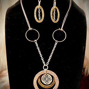 OOAK Hammered Metal Silver and Antique Gold Steampunk Necklace and Earrings
